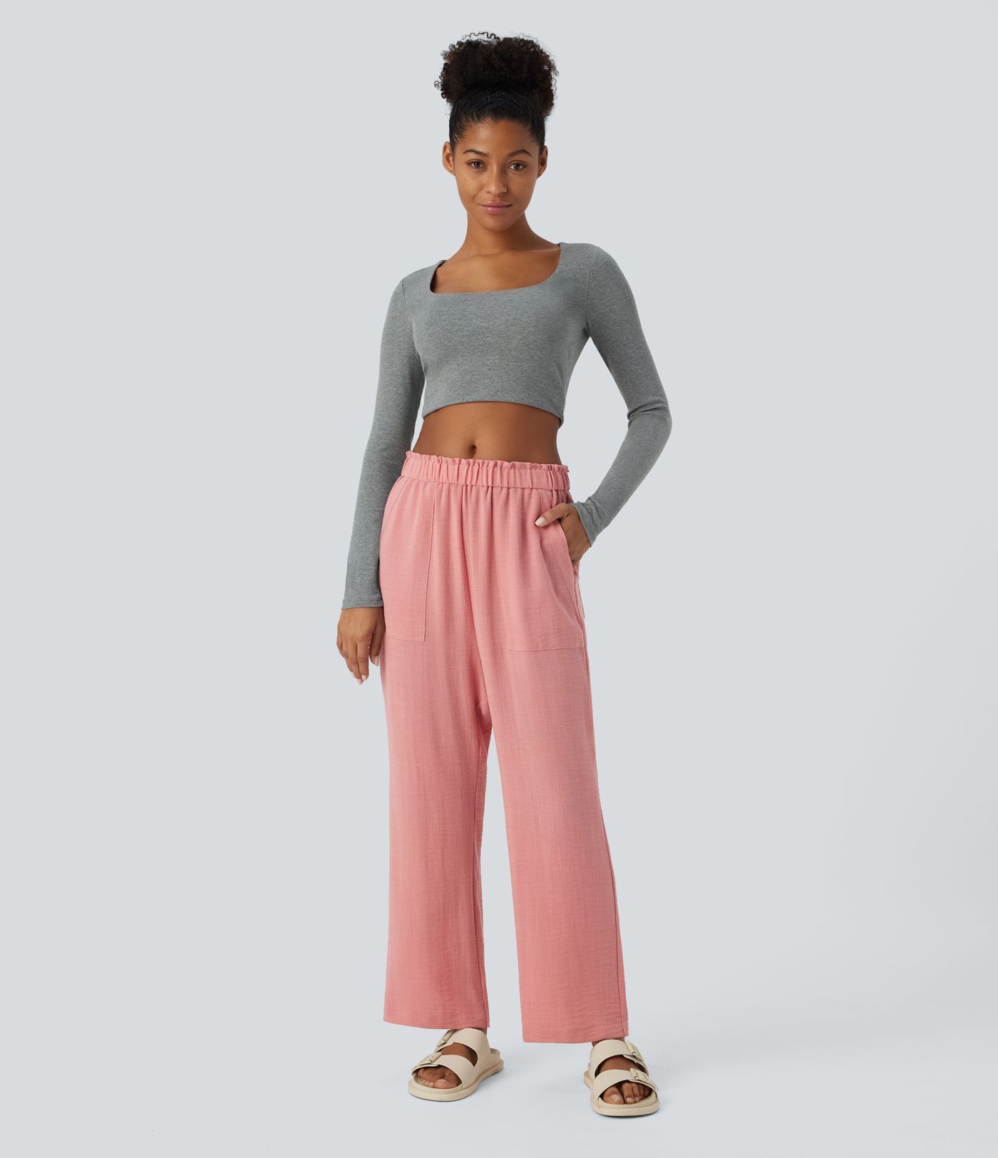 Low Rise Frill Pockets Linen-Feel Harem Pants