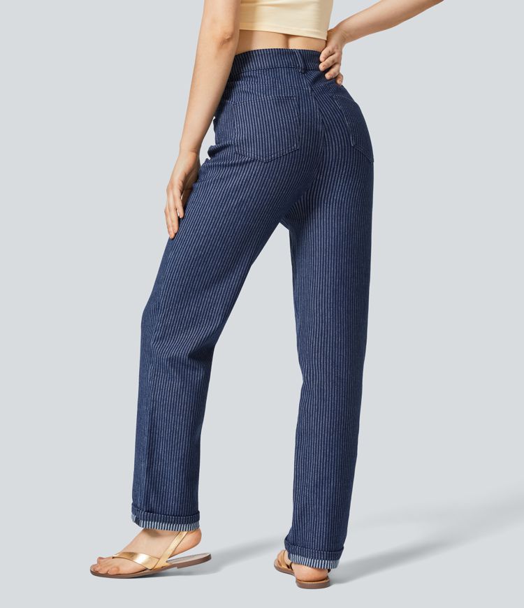 Halara Flex™ High Waisted Button Zipper Multiple Pockets Straight Leg Striped Washed Stretchy Knit Casual Jeans