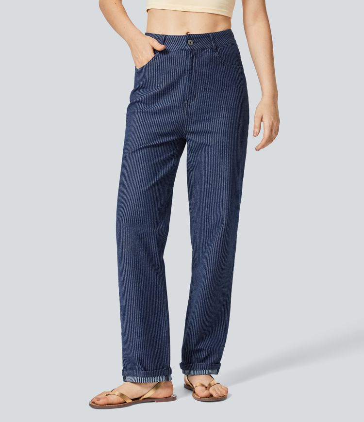 Halara Flex™ High Waisted Zipper Pockets Straight Leg Striped Washed Casual Jeans