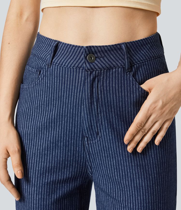 Halara Flex™ High Waisted Button Zipper Multiple Pockets Straight Leg Striped Washed Stretchy Knit Casual Jeans
