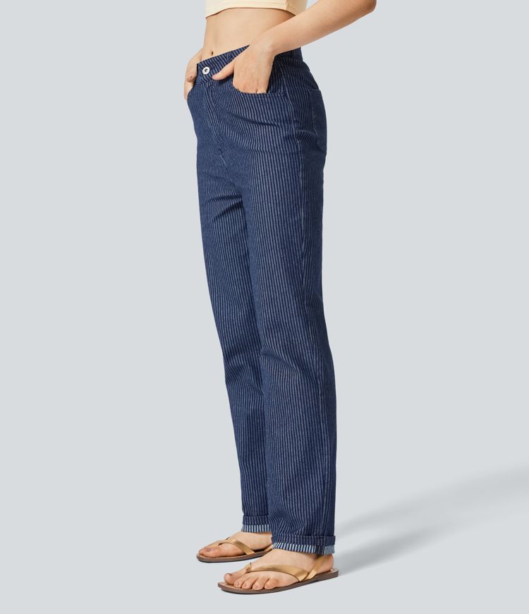 Halara Flex™ High Waisted Button Zipper Multiple Pockets Straight Leg Striped Washed Stretchy Knit Casual Jeans