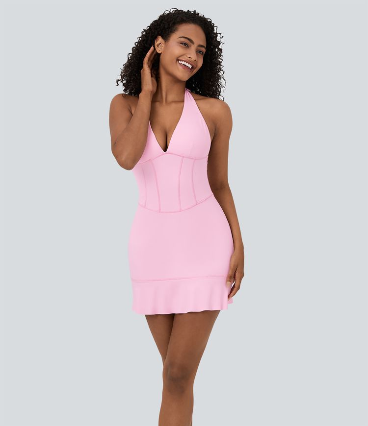 Softlyzero™ Airy Halter Backless Tie Back Corset Ruffle Hem Mini Cool Touch Casual Dress-UPF50+