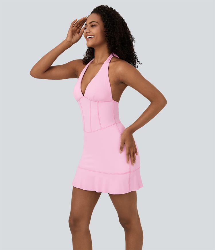 SoftlyZero™ Airy Halter Tie Back Corset Ruffle Hem Mini Cool Touch Casual Dress-UPF50+