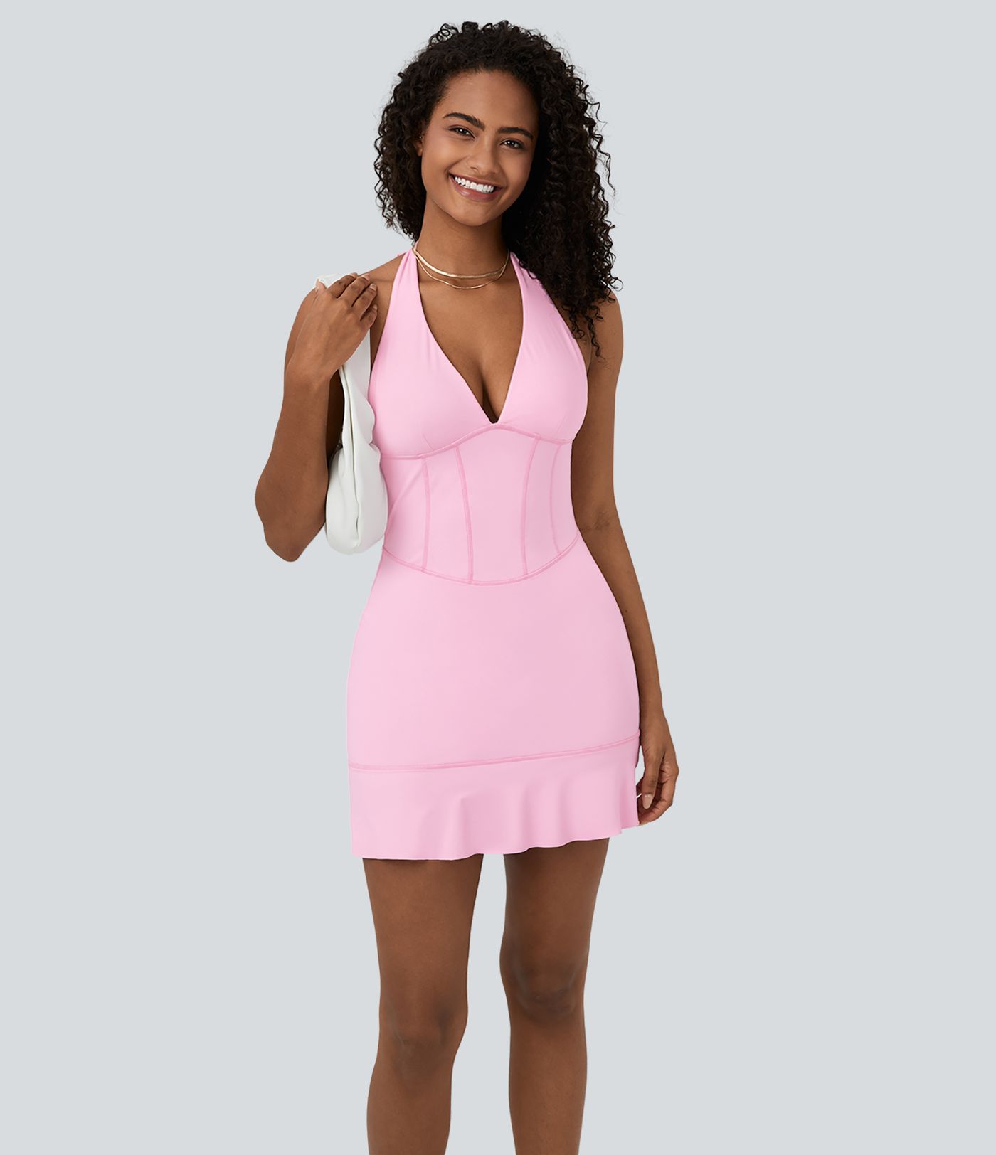 SoftlyZero™ Airy Halter Tie Back Corset Ruffle Hem Mini Cool Touch Casual Dress-UPF50+