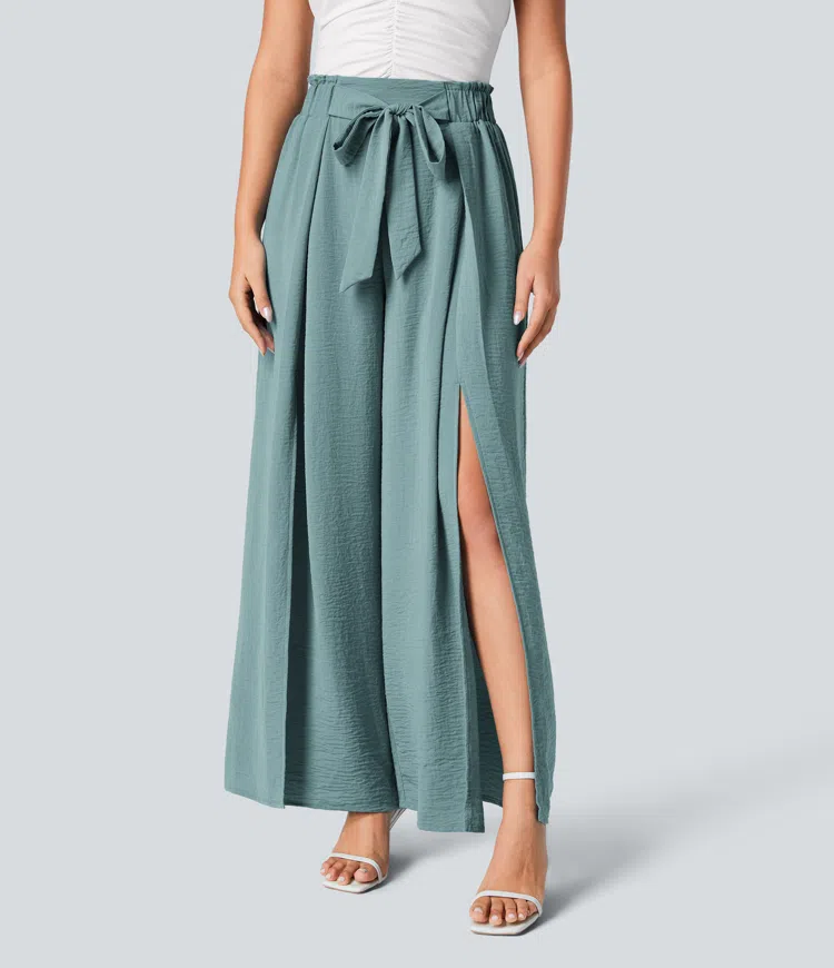 High waist front pleated split wide flowy palazzo casual linen feel pants