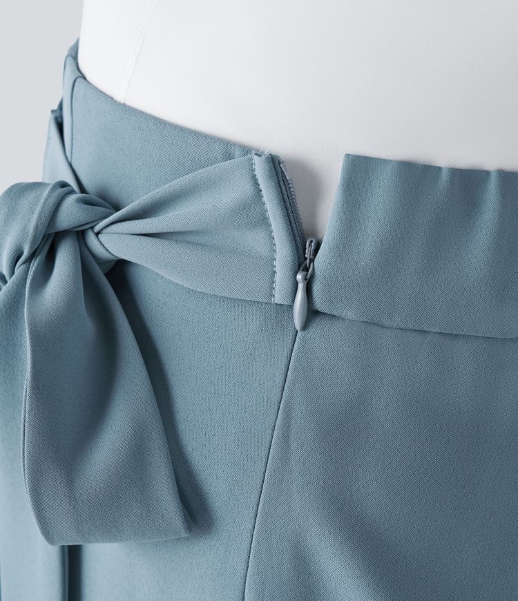 Pantalón oficina talla grande pierna ancha cremallera invisible lateral lazo tiro alto