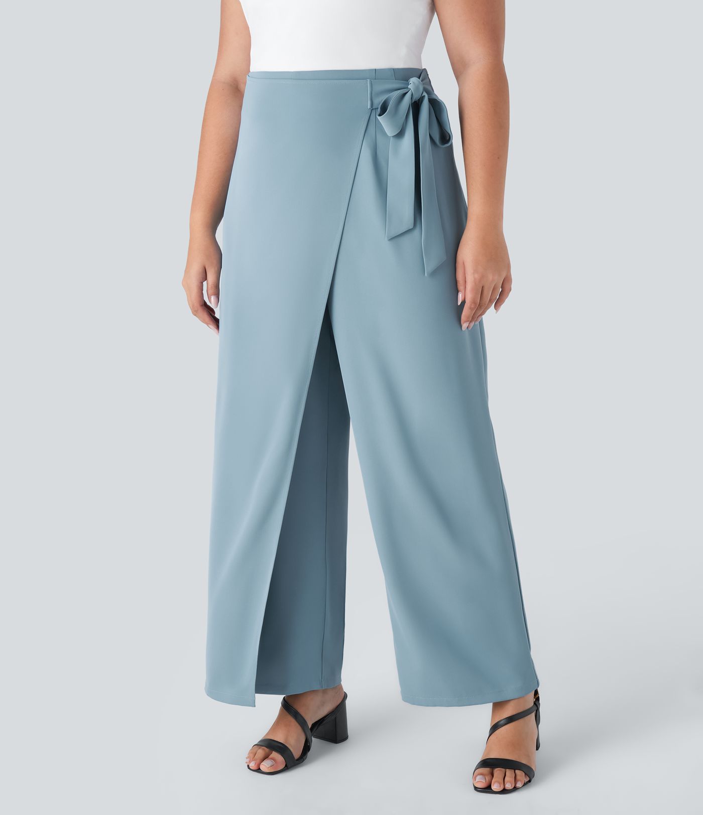 Pantalón oficina talla grande pierna ancha cremallera invisible lateral lazo tiro alto