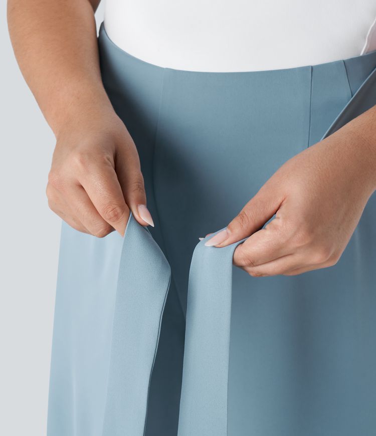 Pantalón oficina talla grande pierna ancha cremallera invisible lateral lazo tiro alto