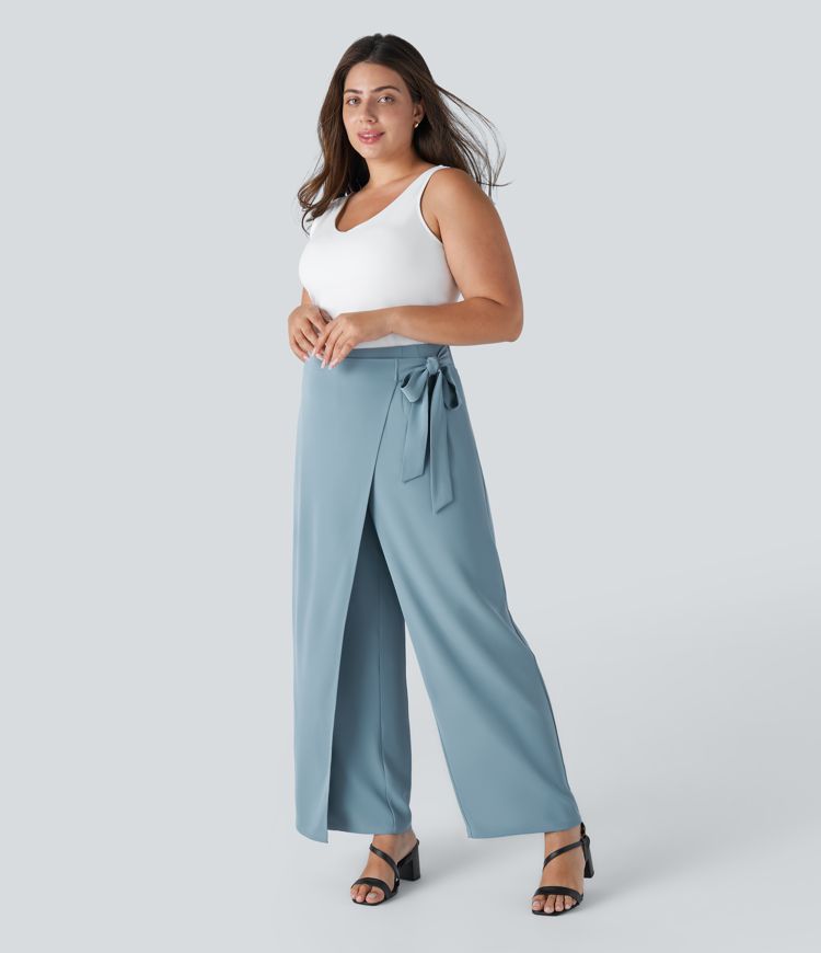 Pantalón oficina talla grande pierna ancha cremallera invisible lateral lazo tiro alto