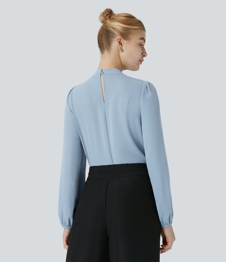 Keyhole Back Plicated Long Sleeve Curved Hem Work Blouse