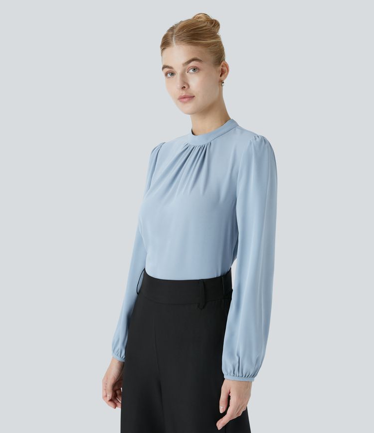 Keyhole Back Plicated Long Sleeve Curved Hem Work Blouse