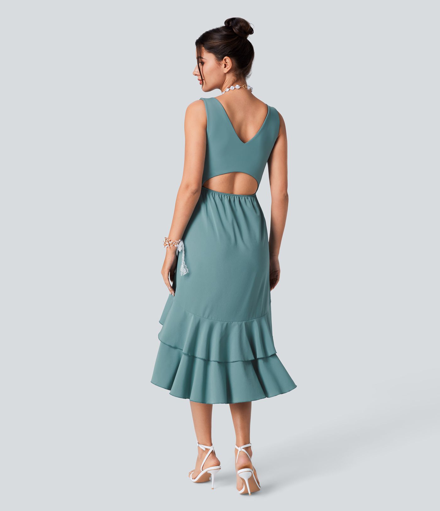 Breezeful™ Robe Midi pour Demoiselle d'Honneur et Invitées de Mariage avec Col en V Dos Nu Découpes Poche Latérale Plissée Volants Fluide et Séchage Rapide