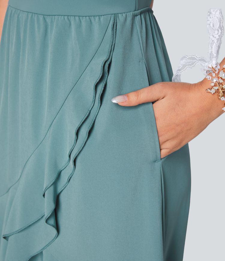 Breezeful™ Robe Midi pour Demoiselle d'Honneur et Invitées de Mariage avec Col en V Dos Nu Découpes Poche Latérale Plissée Volants Fluide et Séchage Rapide