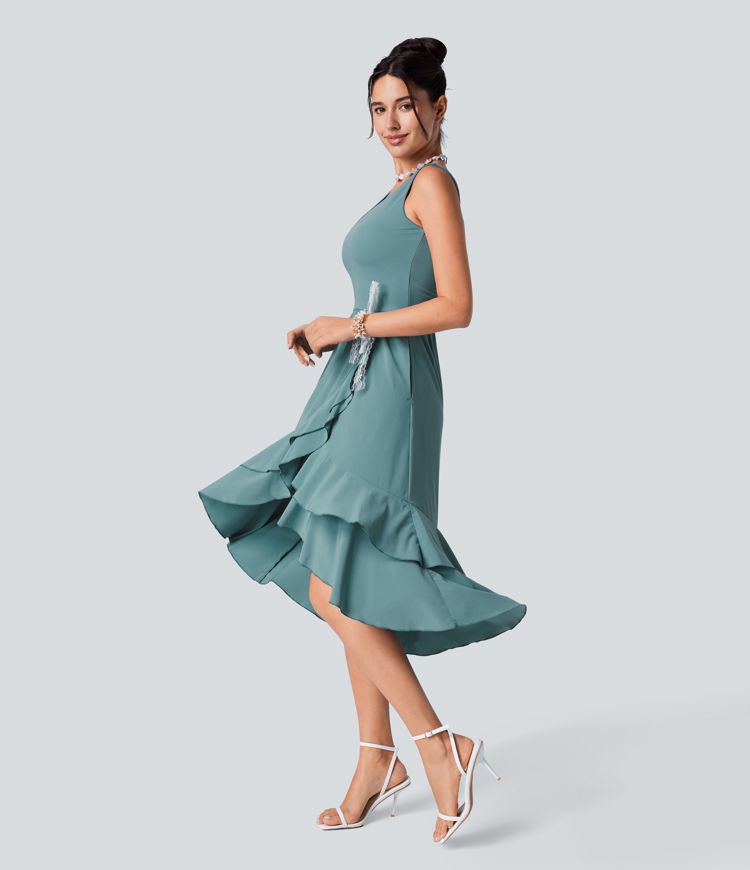 Breezeful™ Robe Midi pour Demoiselle d'Honneur et Invitées de Mariage avec Col en V Dos Nu Découpes Poche Latérale Plissée Volants Fluide et Séchage Rapide
