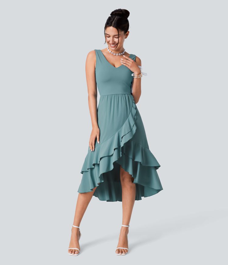 Breezeful™ Robe Midi pour Demoiselle d'Honneur et Invitées de Mariage avec Col en V Dos Nu Découpes Poche Latérale Plissée Volants Fluide et Séchage Rapide