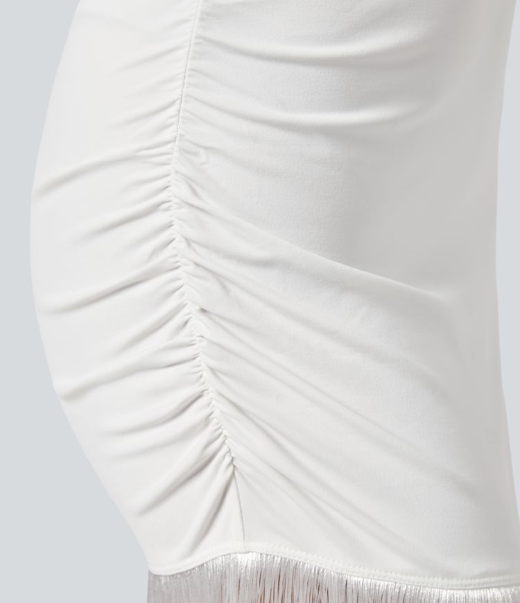 Round Neck Sleeveless Ruched Fringe Bodycon Midi Resort Dress