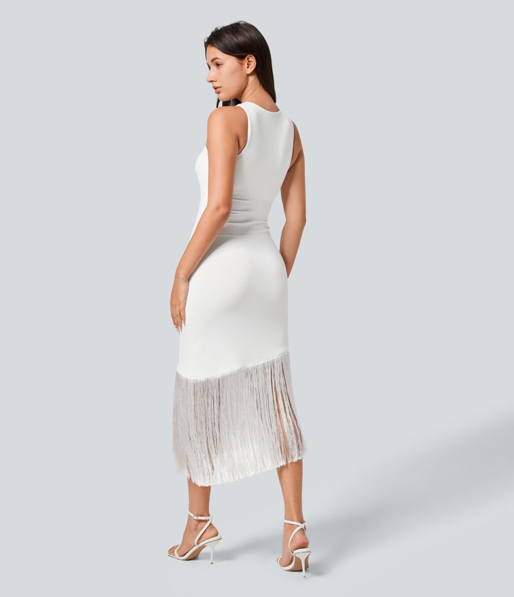 Round Neck Sleeveless Ruched Fringe Bodycon Midi Resort Dress