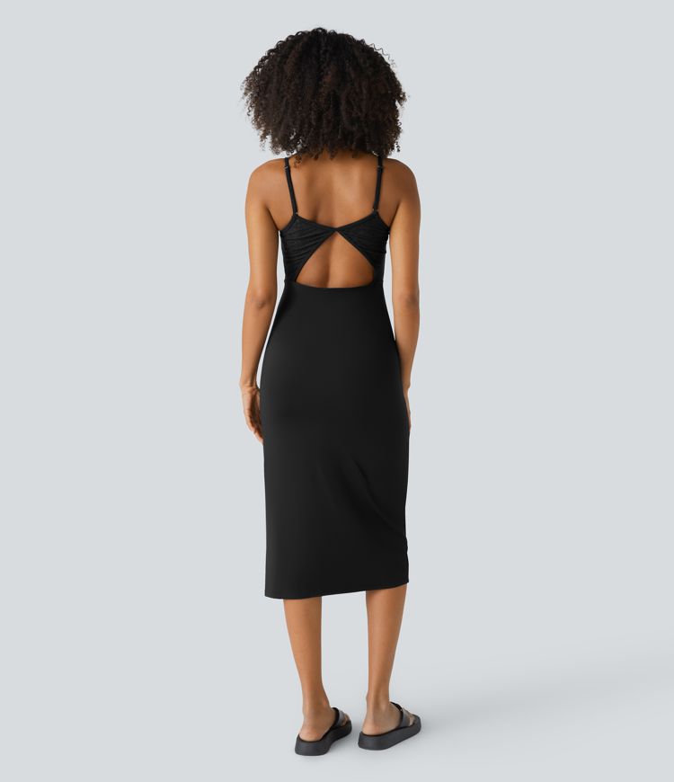 Backless Contrast Lace Adjustable Strap Split Hem Midi Casual Slip Dress