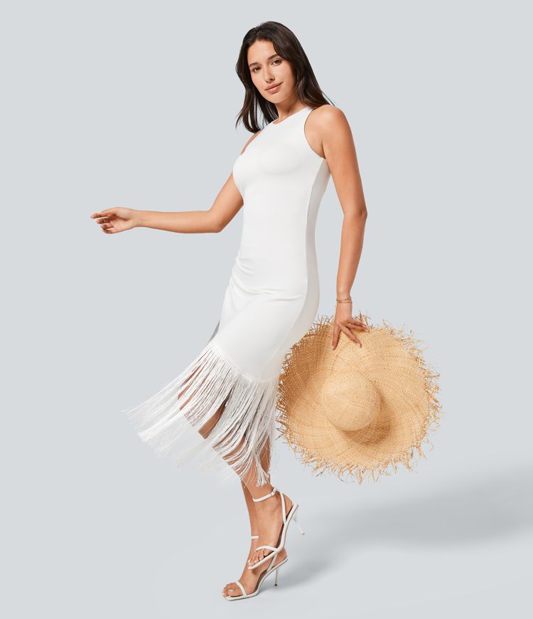 Round Neck Sleeveless Ruched Fringe Bodycon Midi Resort Dress