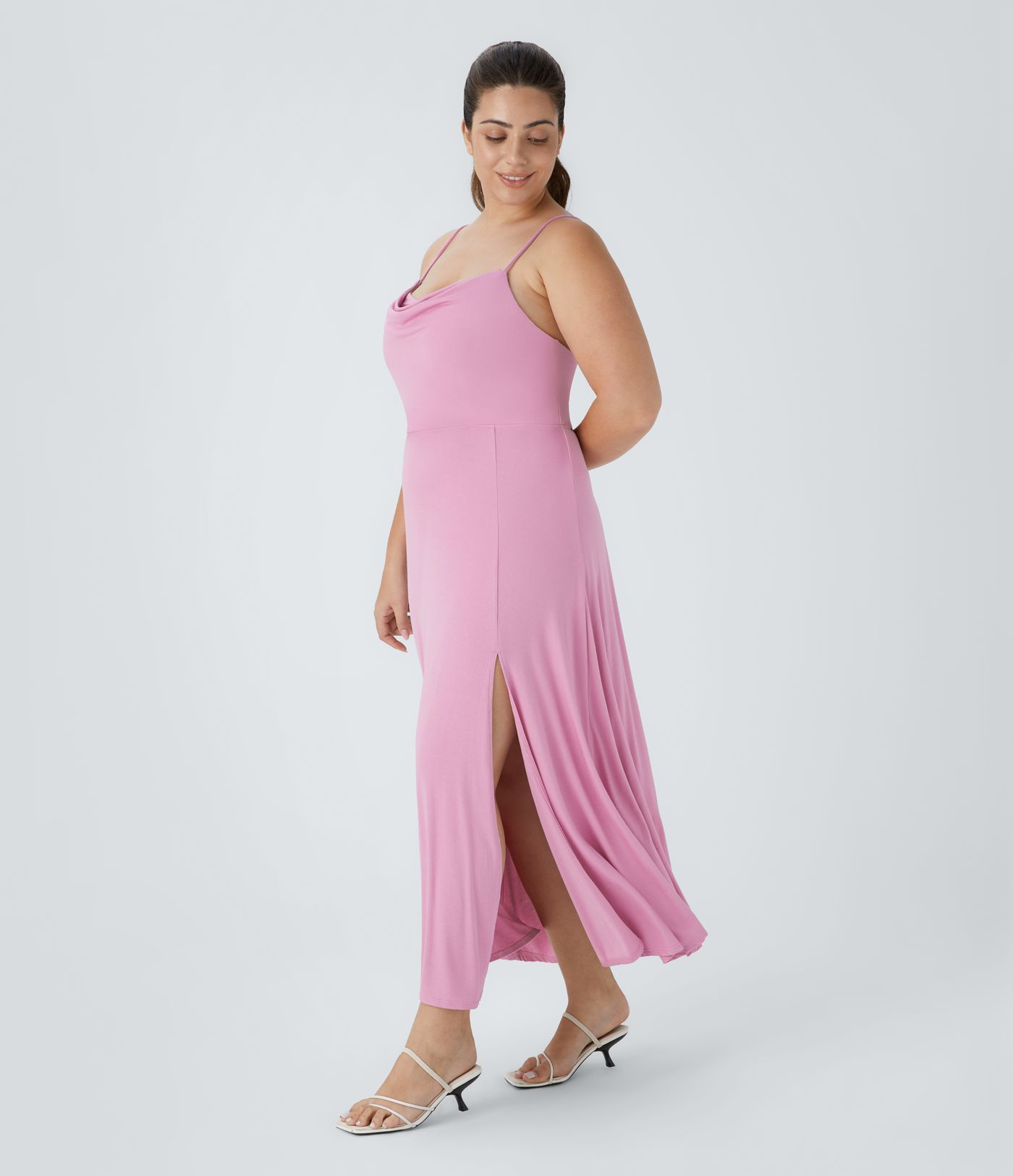 Ribbed Cowl Neck Lace Up Midi Plus Size Dress