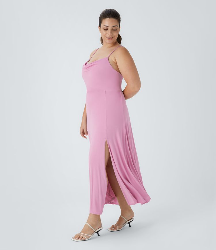 Ribbed Cowl Neck Lace Up Midi Plus Size Dress