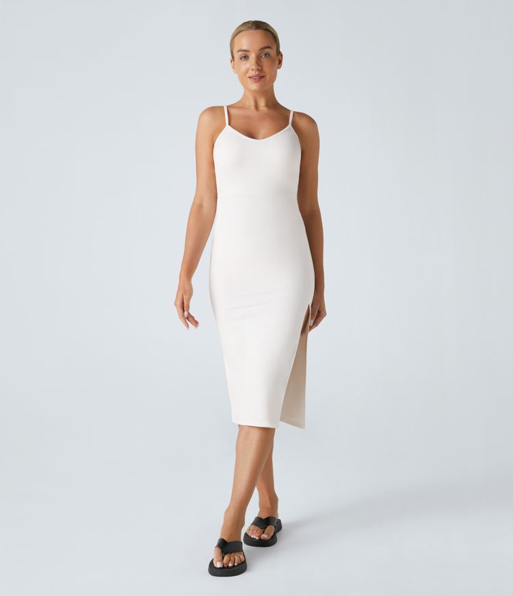 Vestido lencero media pierna dobladillo dividido correa ajustable encaje contrastante sin espalda