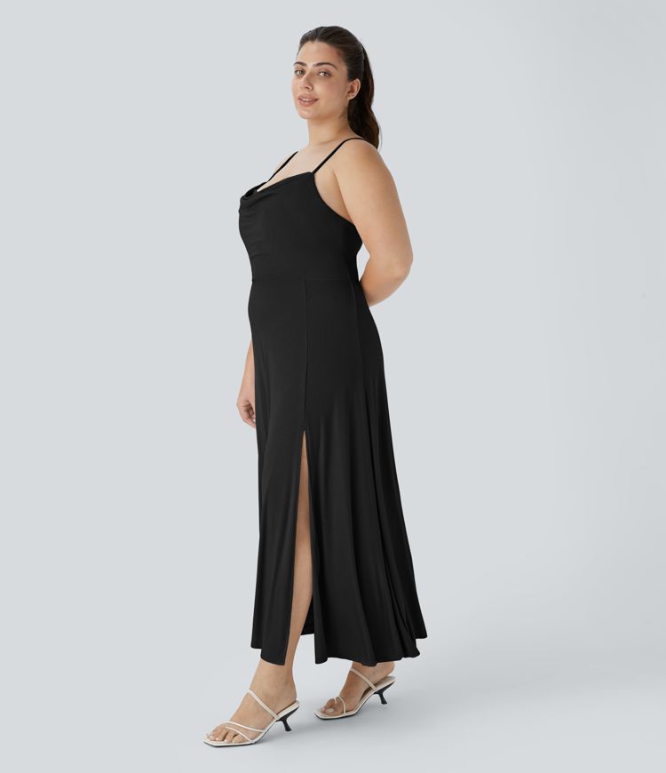 Ribbed Cowl Neck Backless Crisscross Lace Up Split Midi Party Plus Size Dress