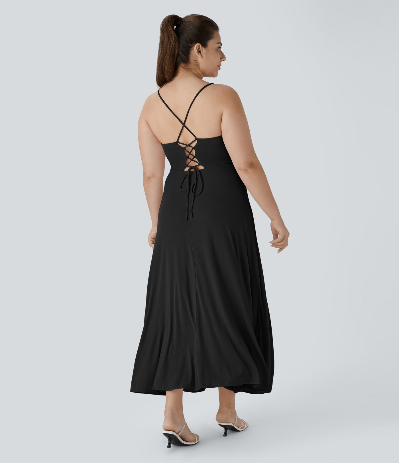 Ribbed Cowl Neck Lace Up Midi Plus Size Dress
