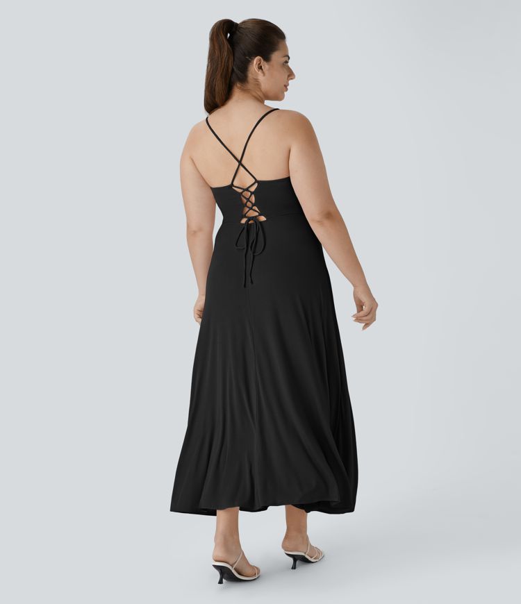Ribbed Cowl Neck Backless Crisscross Lace Up Split Midi Party Plus Size Dress