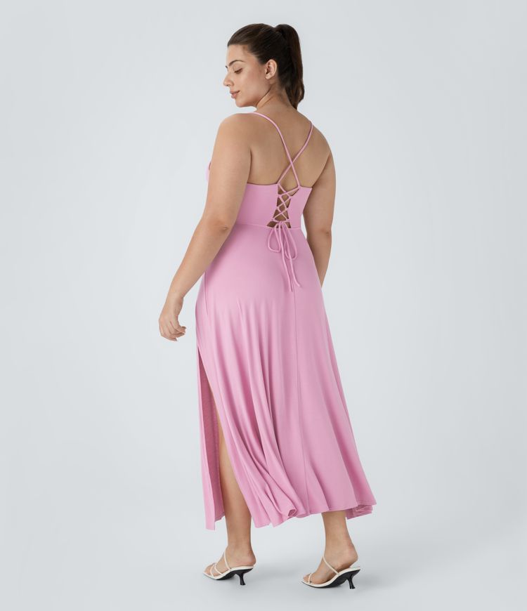 Ribbed Cowl Neck Lace Up Midi Plus Size Dress