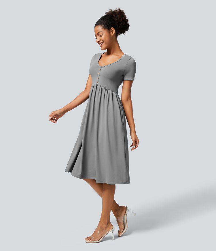 V-neck decorative button short sleeve side pocket pleated midi casual dress