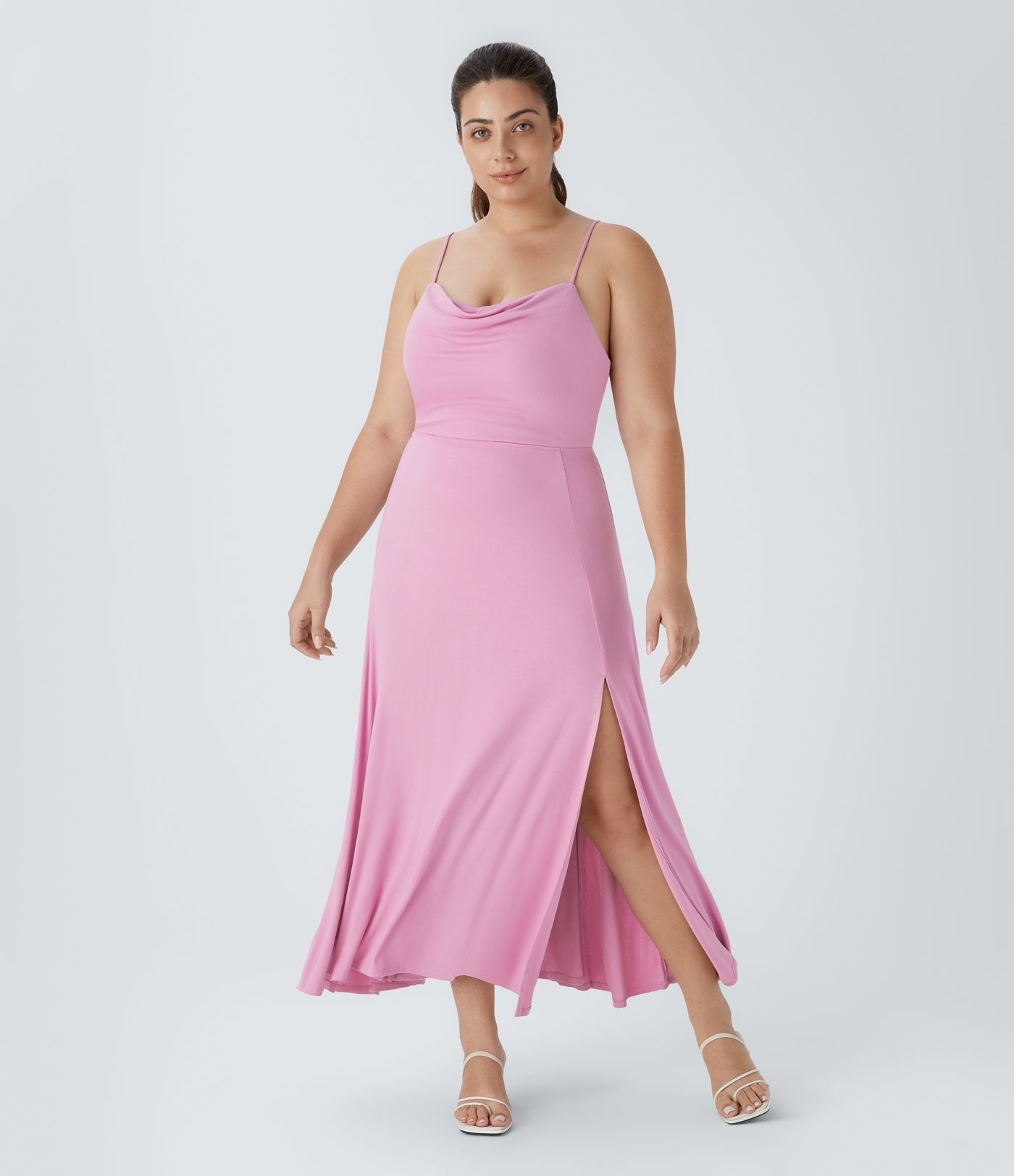 Ribbed Cowl Neck Lace Up Midi Plus Size Dress