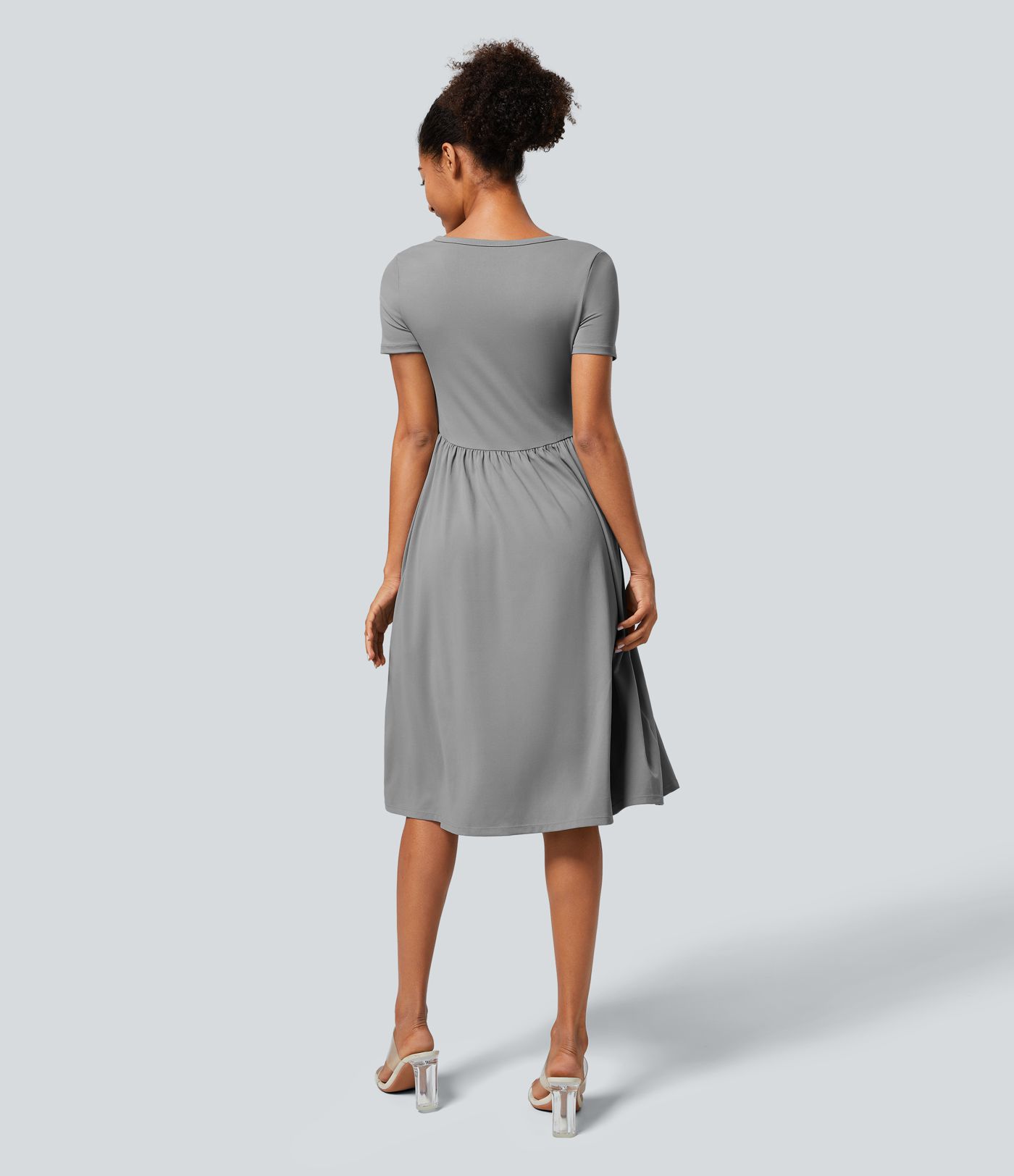 V-neck decorated button short sleeves side pocket wrinkles midi casual dress