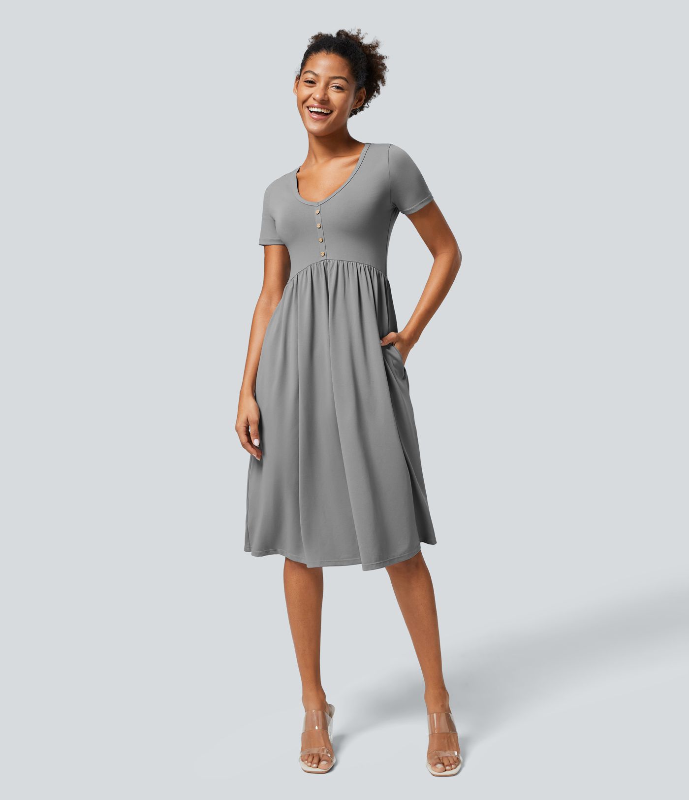 V-neck decorated button short sleeves side pocket wrinkles midi casual dress