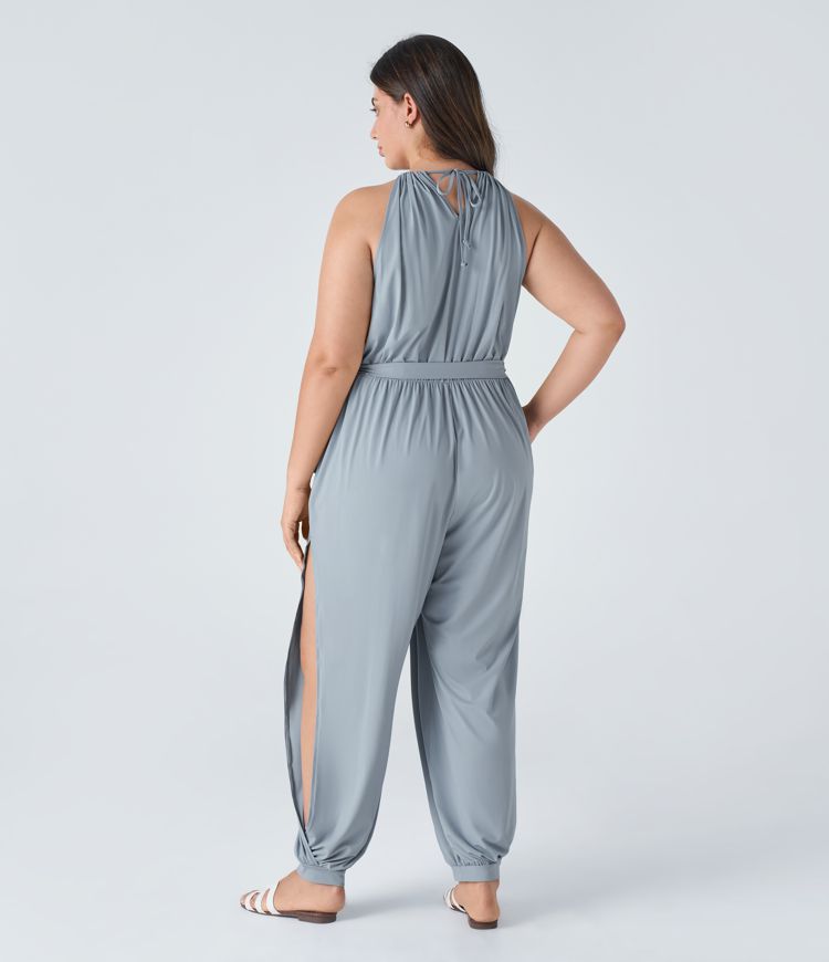 Sleeveless Tie Back Belted Pocket Cut Out Cool Touch Plus Size Jumpsuit-UPF50+