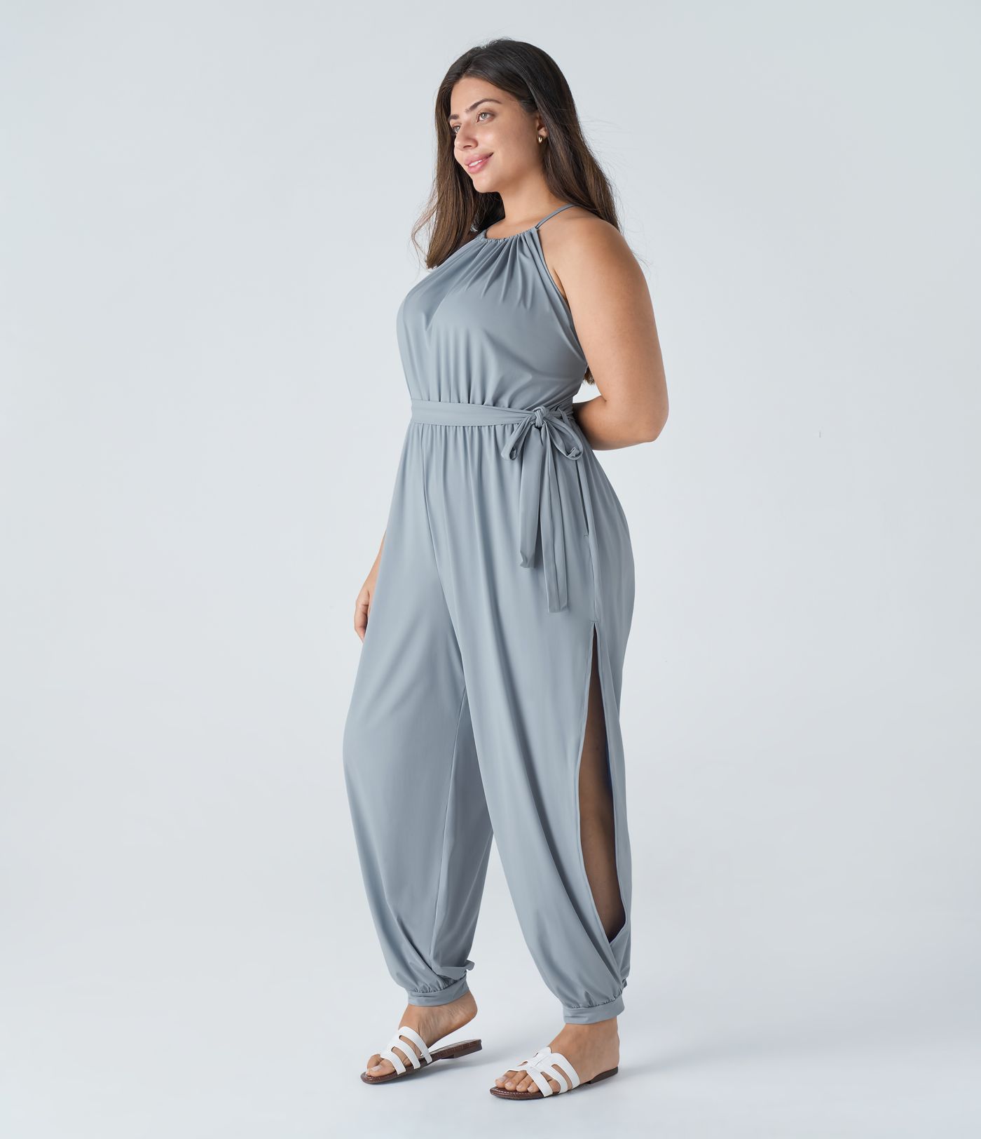 Sleeveless Tie Back Belted Side Pocket Cut Out  Resort Plus Size Jumpsuit-UPF50+