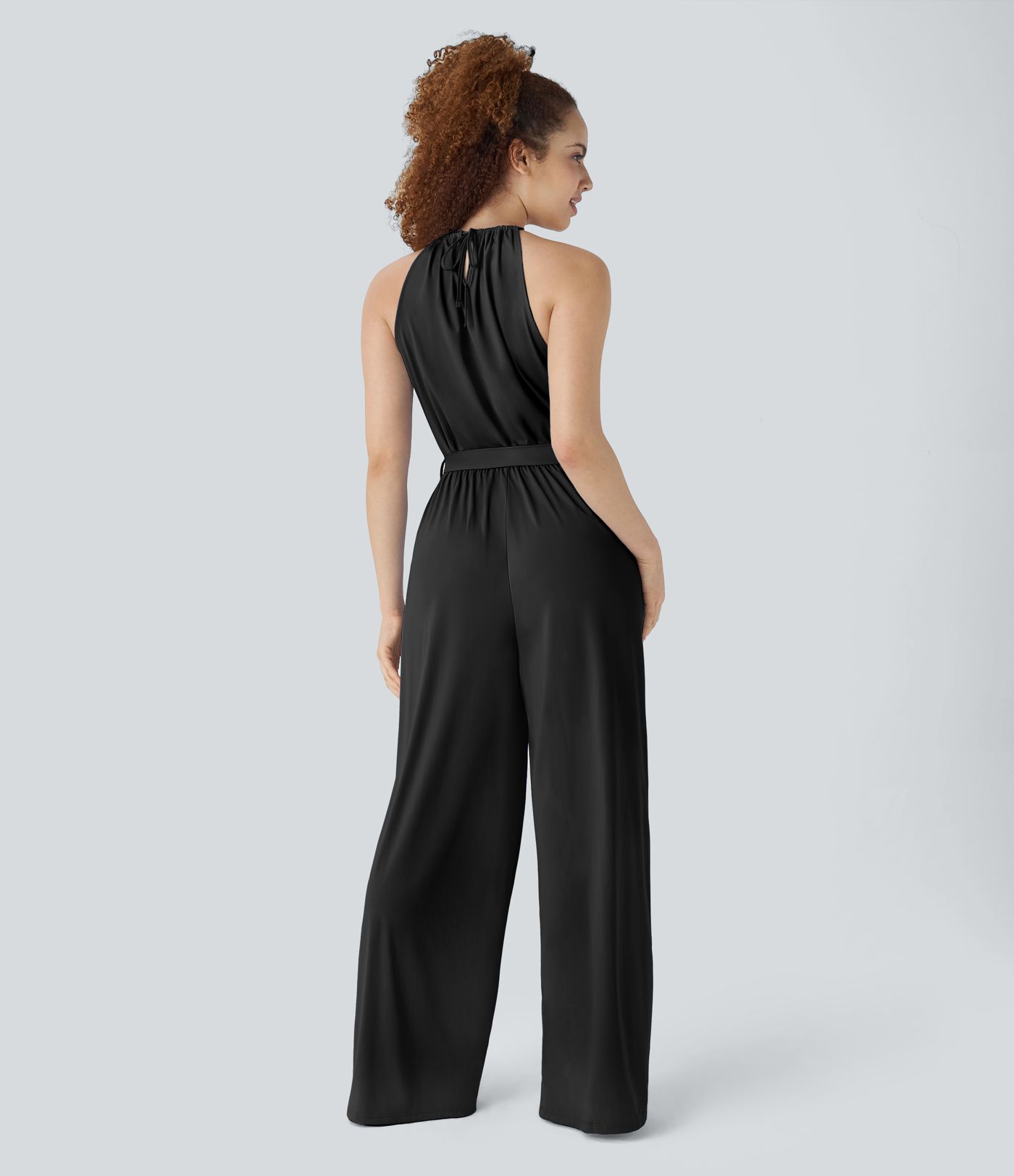 Sleeveless tie back appliqued belted side pocket wide leg cool touch resort jumpsuit