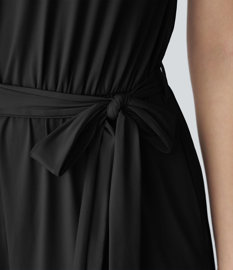 Sleeveless Tie Back Belted Pocket Wide Leg Cool Touch Jumpsuit-UPF50+