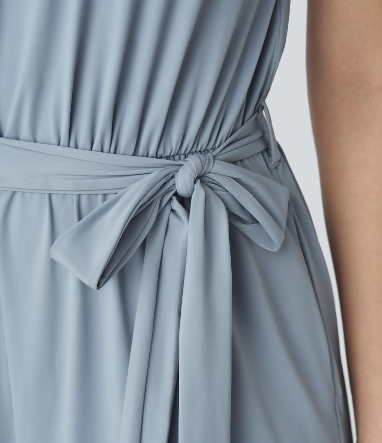 Ärmelloser, hinten gebundener, Urlaubs-Jumpsuit mit Gürtel, Seitentaschen, weitem Bein und Cool-Touch