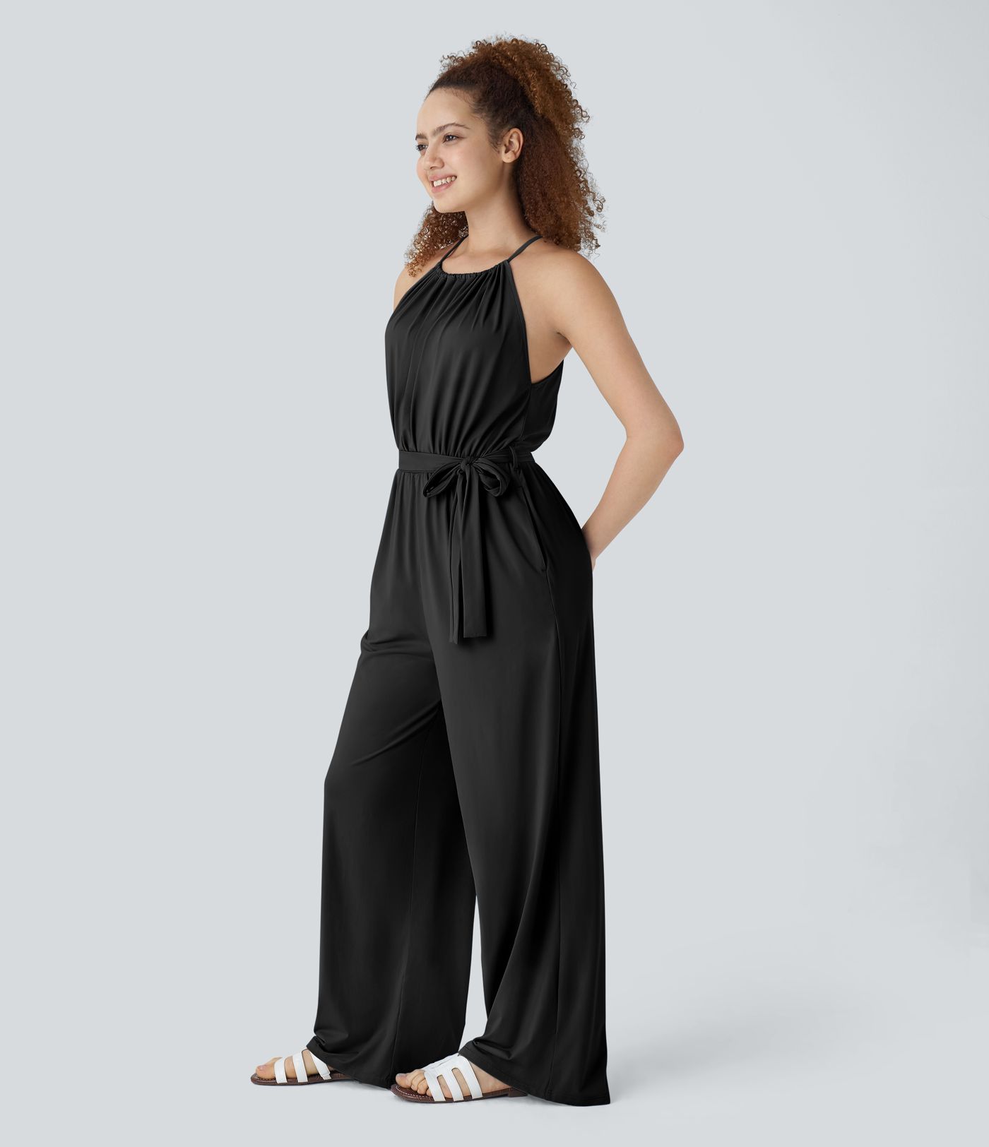 Sleeveless tie back appliqued belted side pocket wide leg cool touch resort jumpsuit