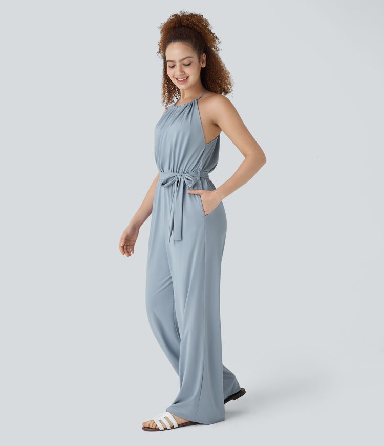 Ärmelloser, hinten gebundener, Urlaubs-Jumpsuit mit Gürtel, Seitentaschen, weitem Bein und Cool-Touch