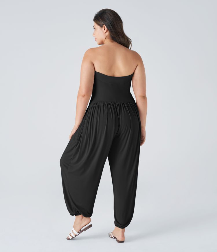 Ribbed Tube Backless Side Pocket Casual Plus Size Jumpsuit