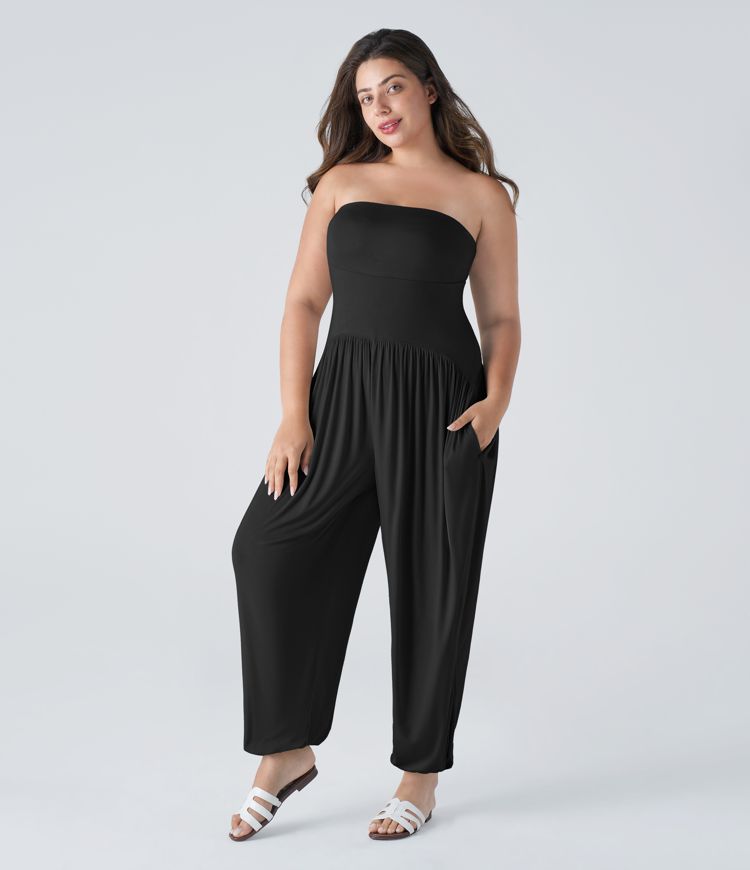 Ribbed Tube Backless Side Pocket Casual Plus Size Jumpsuit