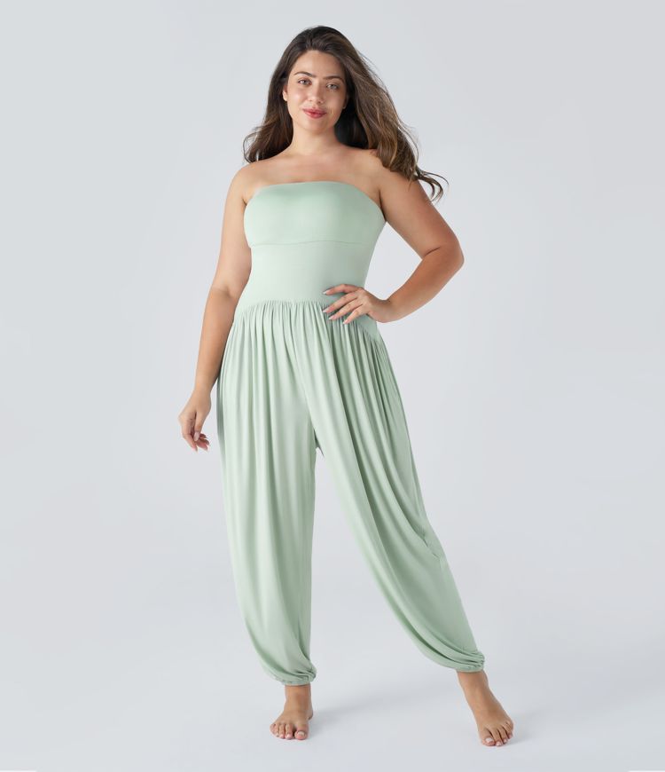 Ribbed Tube Backless Side Pocket Casual Plus Size Jumpsuit