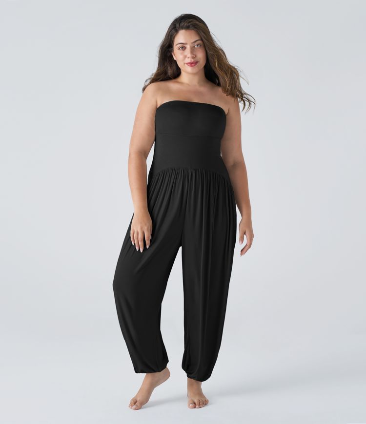 Ribbed Tube Backless Side Pocket Casual Plus Size Jumpsuit