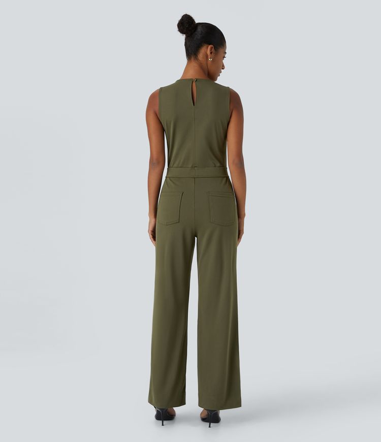 Sleeveless Keyhole Back Button Multiple Pockets Work Jumpsuit