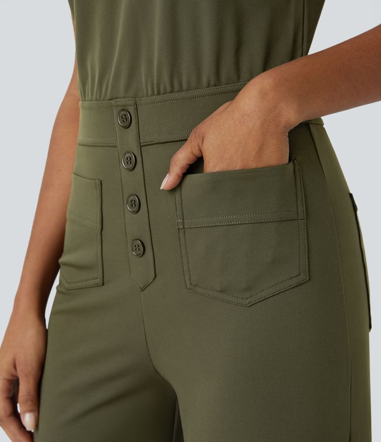 Sleeveless Keyhole Back Button Multi-pocket Work Jumpsuit