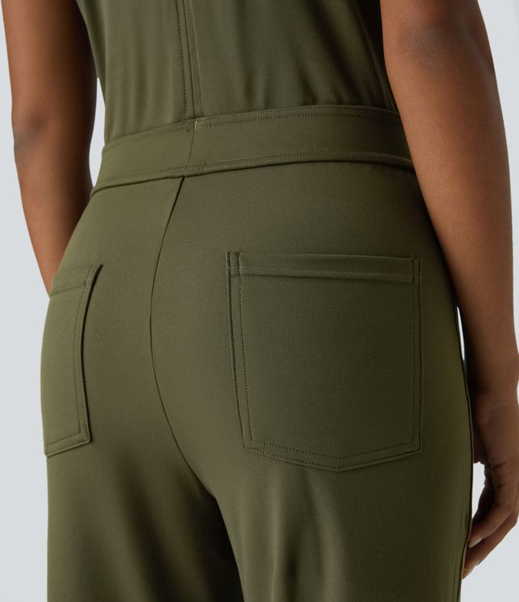 Sleeveless Keyhole Back Button Multi-pocket Work Jumpsuit