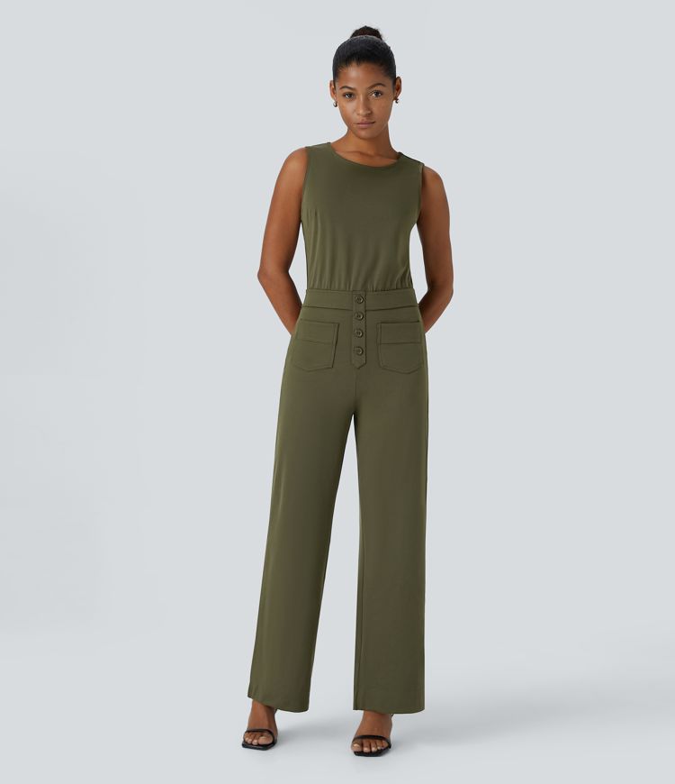 Sleeveless Keyhole Back Button Multiple Pockets Work Jumpsuit