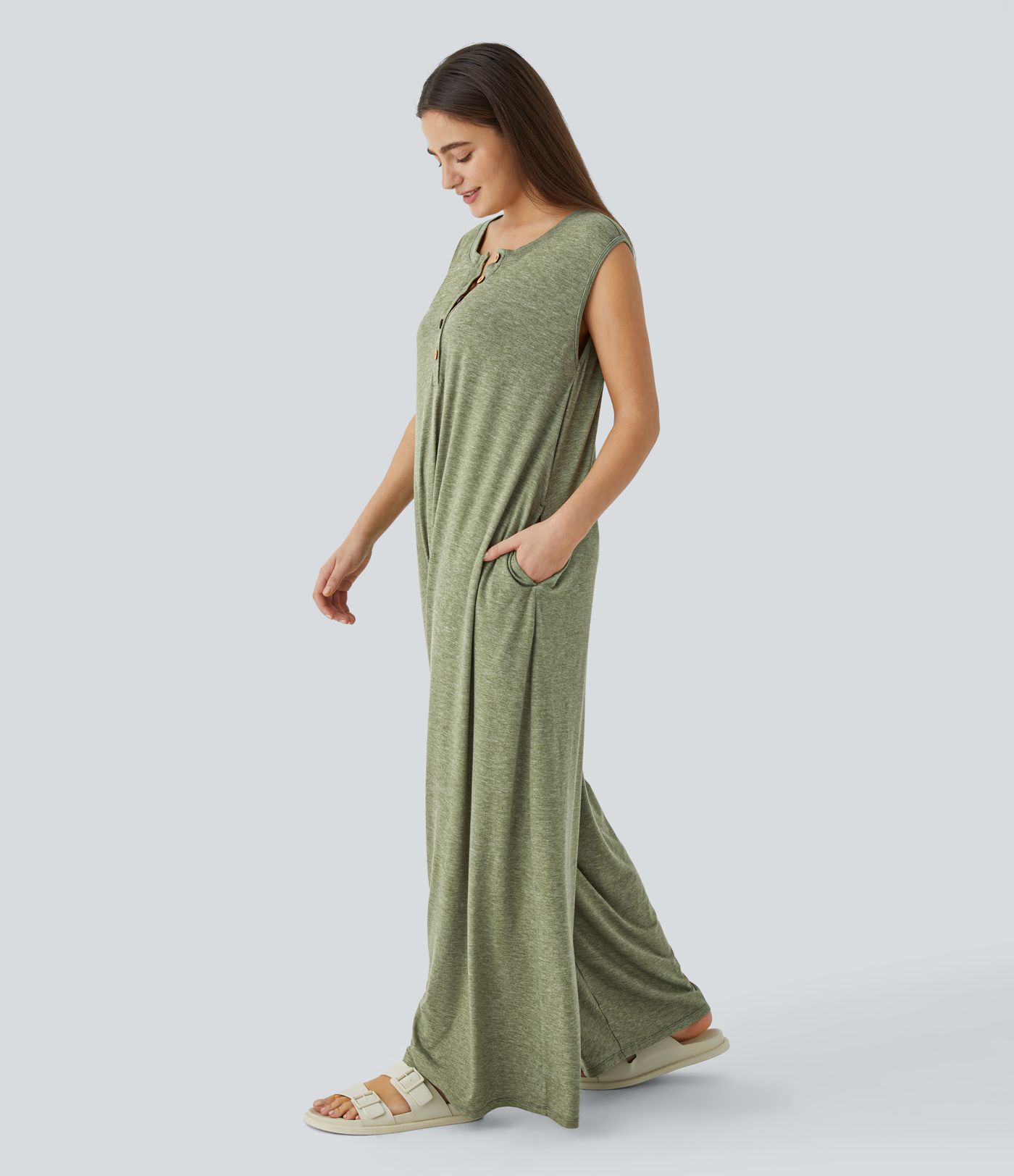 Henrik Neck Sleeveless Side Pocket Wide Leg Casual Jumpsuit